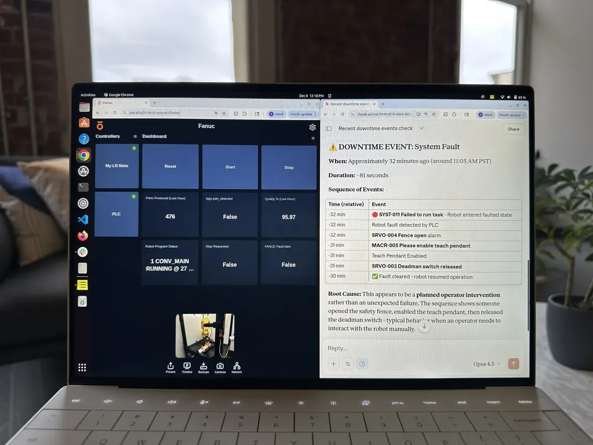 Olis mobile app interface showing robot controller diagnostics and fault monitoring on Android device